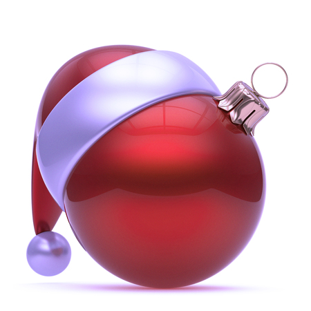 Red Christmas ball decoration ornament with Santa Claus hat funny blank. Happy New Year bauble beautiful. Merry Xmas icon concept. 3d renderingの写真素材