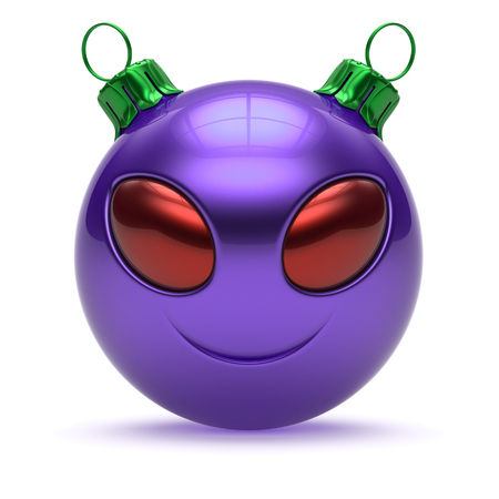 Christmas ball smiling alien avatar decoration purple red green. Xmas monster cartoon funny emoticon. UFO New Year's Eve bauble happy face. 3d illustration isolatedの写真素材