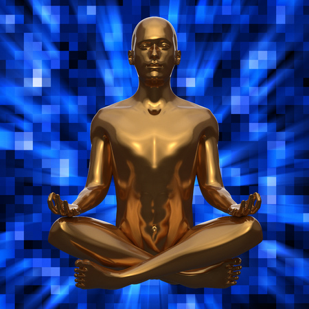 Figure of man in lotus pose stylized golden statue on blue background. Human character meditate lifestyle nirvana symbol. 3d illustrationの写真素材