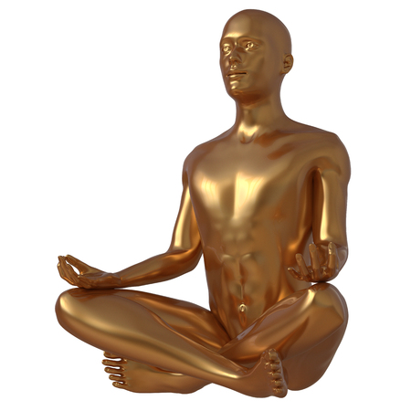 Lotus pose yoga man stylized figure luxury golden sideview. Human mental recreation guru character metallic yellow. Peaceful spirit nirvana meditate symbol. 3d illustration isolatedの写真素材