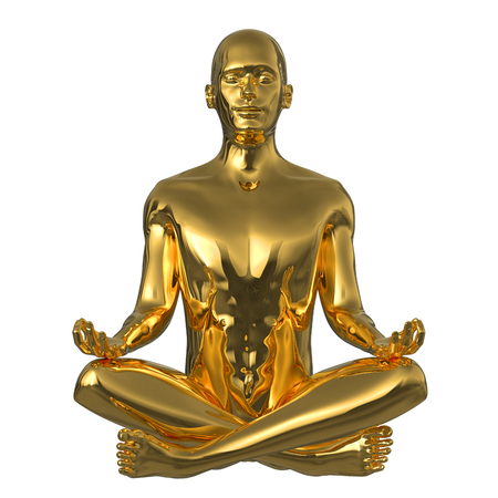 Golden meditate man lotus yoga pose stylized character figure metallic polished. Ideal human mental recreation guru icon concept. Peaceful nirvana symbol. 3d illustration, isolatedの写真素材