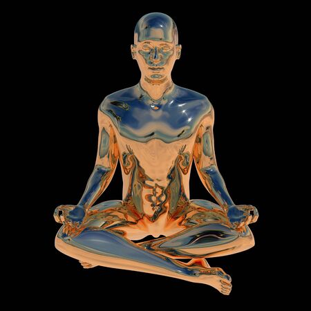 Man golden stylized sitting in lotus pose polished figure. Human mental guru character gold statue. Peaceful nirvana mind soul body balance symbol. 3d rendering, isolated on blackの写真素材