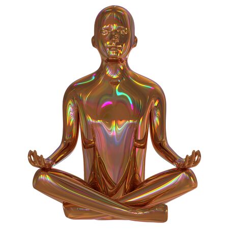 Stress man lotus pose golden stylized figure polished colorful reflections. Human mental zen character statue gold. 3d rendering, isolatedの写真素材