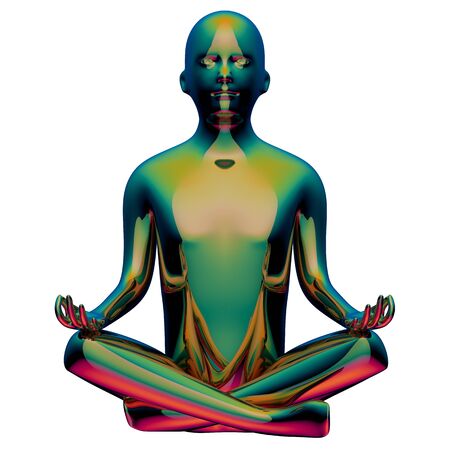 Yoga lotus pose stylized man figure green golden polished colorful reflection. Human mental guru person. Peaceful character nirvana zen like symbol. 3d illustration, isolatedの写真素材