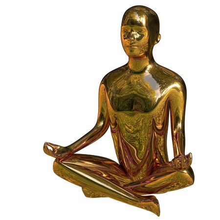 Yoga man stylized figure peace of mind lotus pose golden polished. Mental guru human character outdoor forest statue. Peaceful nirvana meditate symbol. 3d illustration, isolatedの写真素材