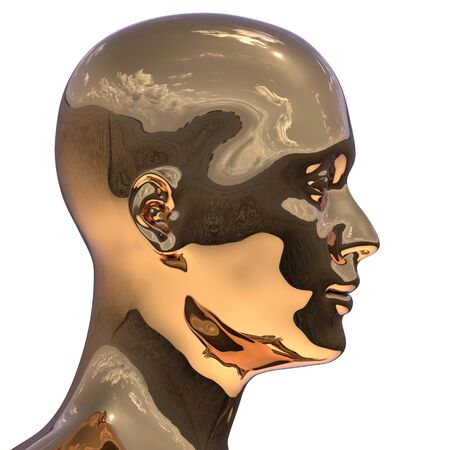 Golden man head silhouette stylized metallic polished. Human profile creativity icon concept. 3d illustration, isolatedの写真素材
