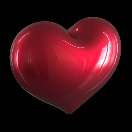 Heart shape Love symbol red glossy icon. Valentine greeting card design element. 3d illustration, isolated on blackの写真素材