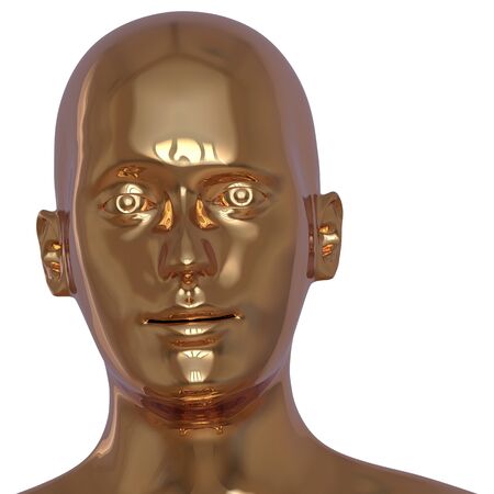 Head shot portrait of single iron man face close-up golden polished. Futuristic human character robot mask metallic stylized. 3d illustration, isolatedの写真素材