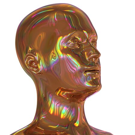 Iron head silhouette man stylized portret golden polished. Human profile metallic colorful creativity icon concept. 3d illustration, isolatedの写真素材