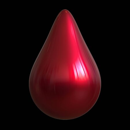 Drop of blood abstract glossy droplet form red close-up macro. 3d rendering illustration, isolated on black backgroundの写真素材