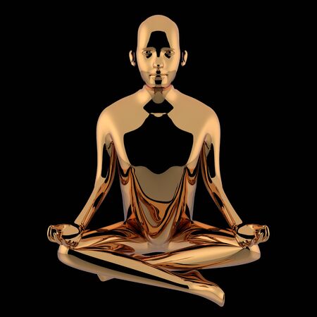 3d rendering of golden yoga lotus pose man stylized figure polished reflection contrast. Human mental guru zen character solid statue. Peaceful nirvana meditate calm symbolの写真素材