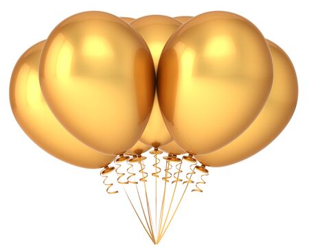 3d illustration of party balloon bunch royal golden glossy. birthday decoration helium balloons group yellow metallic luxury. holiday event celebration symbolの写真素材
