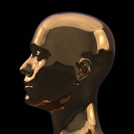 3d illustration of golden man head silhouette stylized metallic polished. Human profile creativity icon concept. Isolated on blackの写真素材