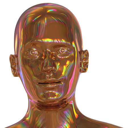 3d illustration of iron head man stylized portrait golden polished. Human face metallic shining...