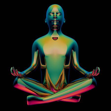 3d illustration of iron man lotus pose stylized figure polished glossy green colorful. Human nirvana mental guru yoga zen like character. Isolated on blackの写真素材