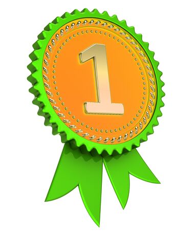 green award ribbon number 1 one medal golden. 1st first place achievement success, champion winner best symbol. 3d renderingの写真素材