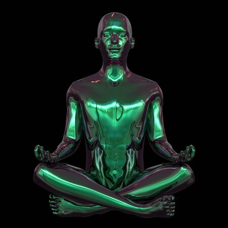 Portrait of iron human mental guru zen-like character. Man lotus pose figure stylized green polished. Peaceful nirvana yoga position symbol. 3d renderingの写真素材
