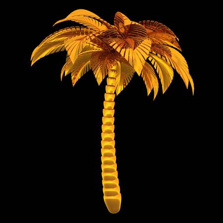 Golden palm tree stylized tropical plant nature. Exotic tourism symbol design element polished luxury metallic. 3d rendering, isolated on blackの写真素材
