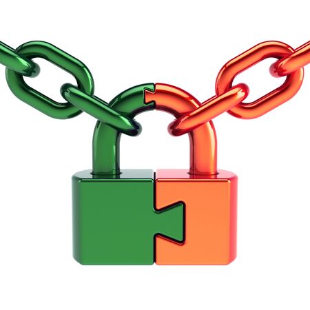Concept puzzle lock padlock closed with chain link green orange parts. Security protection icon concept. 3d renderingの写真素材