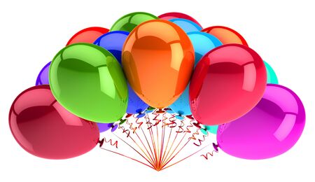 Colorful helium balloons bunch birthday, carnival, party, event decoration glossy. Event greeting card festive multicolored banner design element. 3d renderingの写真素材
