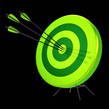 Target arrows success shooting impact green. Accuracy sniper hitting of bull's eye. Lucky business sport efficiency concept. 3d rendering over blackの写真素材