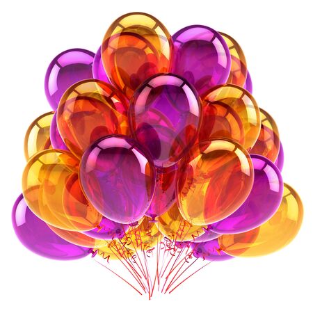 Purple orange colorful party balloons bunch glossy. Holiday event carnival greeting card design element concept. 3d renderingの写真素材