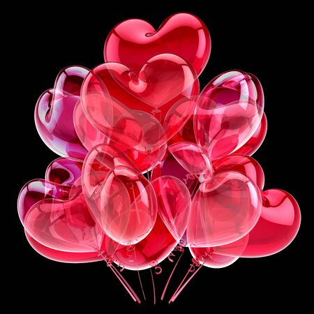 Pink heart balloons bunch birthday party decoration glossy red. Valentine's Day holiday celebration romantic Love greeting card. 3d renderingの写真素材