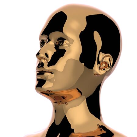 Character gold head man stylized metallic polished. Iron humanoid robot cyborg android contrast reflection creativity artificial solid icon concept. 3d renderingの写真素材