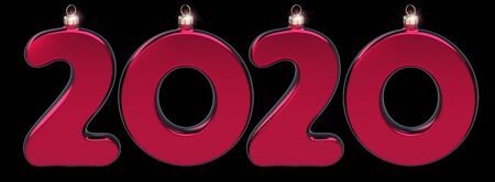 New Year 2020 twenty number as Christmas baubles red sparkling. Happy New Years Eve anniversary celebration banner. 3d illustration on blackの写真素材