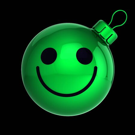 Funny green Christmas ball smiling face expression avatar New Year bauble cartoon decoration. Merry Xmas cheerful funny person laughing character. 3d rendering over blackの写真素材