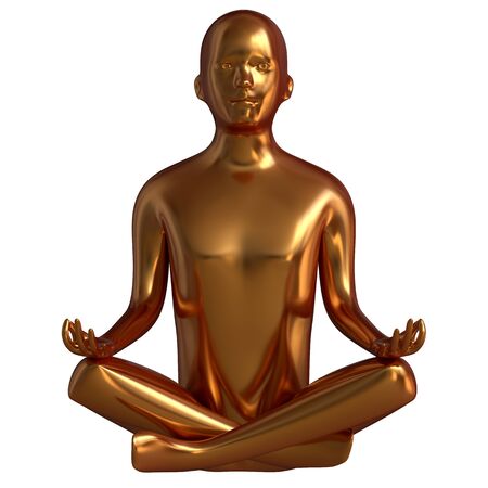 Luxury gold man statue yoga lotus pose stylized solid figure. Human mental recreation person character metallic. Peaceful calm spirit nirvana harmony symbol. 3d renderingの写真素材