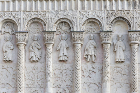 White stone carving of Dmitrovsky cathedral in Vladimir, 12th century. The Golden ring of Russiaの写真素材