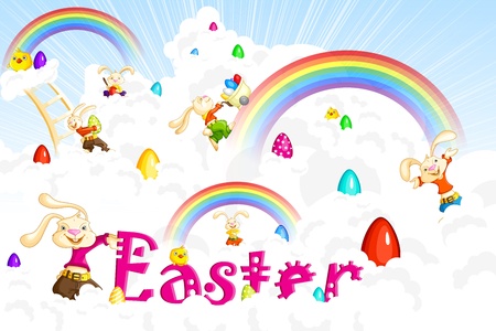 Easter Bunny jumping on cloudのイラスト素材
