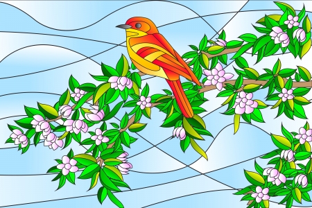 Bird sitting on Tree Stained glass Paintingのイラスト素材