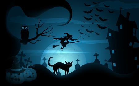 easy to edit vector illustration of Halloween background witch flying on broomstickのイラスト素材