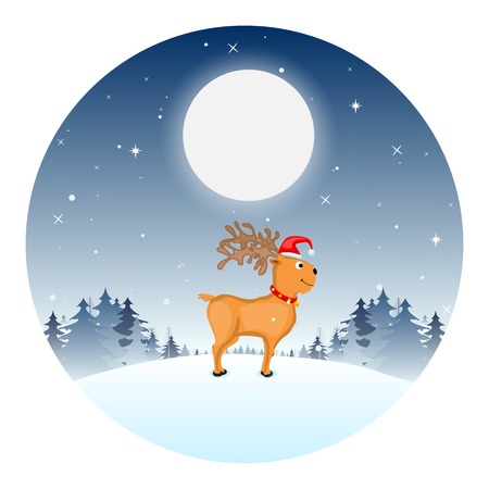 easy to edit vector illustration of Reindeer wearing Santa cap in Christmas nightのイラスト素材