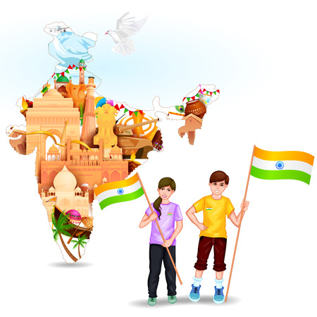 easy to edit vector illustration of people with Indian flag celebrating freedom of Indiaのイラスト素材