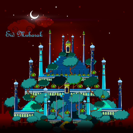 vector illustration of Eid Mubarak Blessing for Eid background with Islamic mosqueのイラスト素材