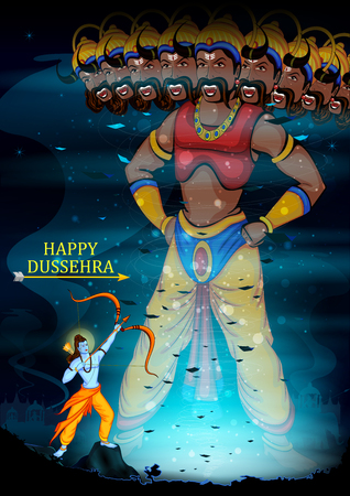 easy to edit vector illustration of Rama killing Ravana in Happy Dussehra background showing festival of Indiaのイラスト素材