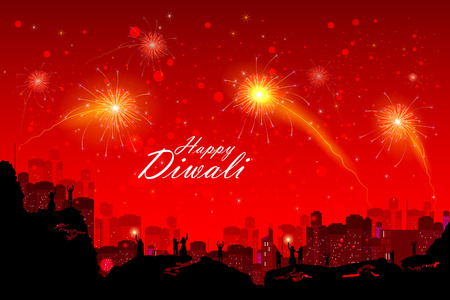 easy to edit illustration of people watching fireworks Happy Diwali night sky for India festivalのイラスト素材