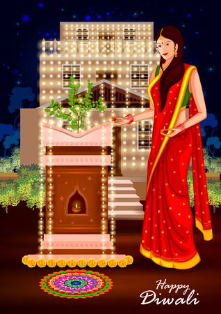 easy to edit illustration of Indian lady with decorated hanging light for Happy Diwali holiday India backgroundのイラスト素材