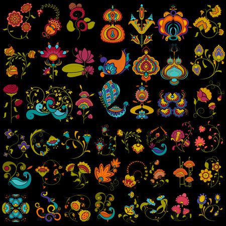 Easy to edit vector illustration of colorful ornamental retro flower collection for Khokhlomaのイラスト素材