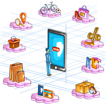 Flat style 3D Isometric view of e commerce online shopping application interface.のイラスト素材