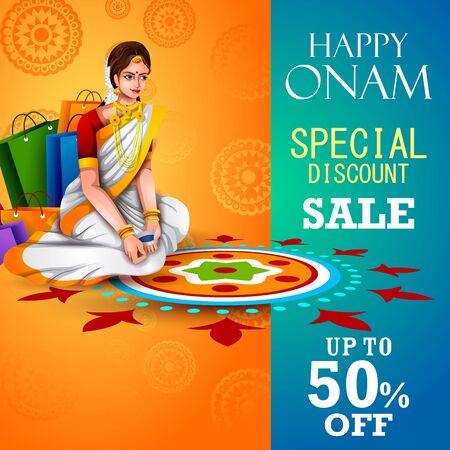 Easy to edit vector illustration of Happy Onam holiday for South India festival promotion for shopping sale backgroundのイラスト素材