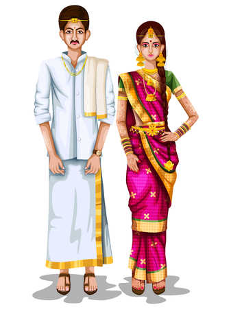 Tamil wedding couple in traditional costume of Tamil Nadu, Indiaのイラスト素材