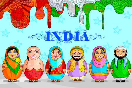 Set of nesting doll Indian couples on a blue colorful backgroundのイラスト素材