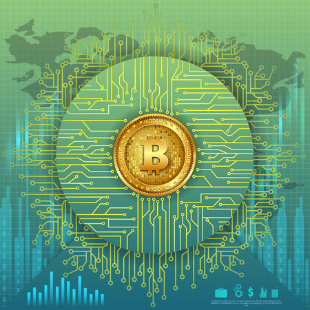 Bitcoin on hi-tech cryptocurrency digital currency with encryption techniques financial backgroundのイラスト素材