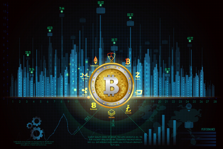 Bitcoin on hi-tech cryptocurrency digital currency with encryption techniques financial backgroundのイラスト素材
