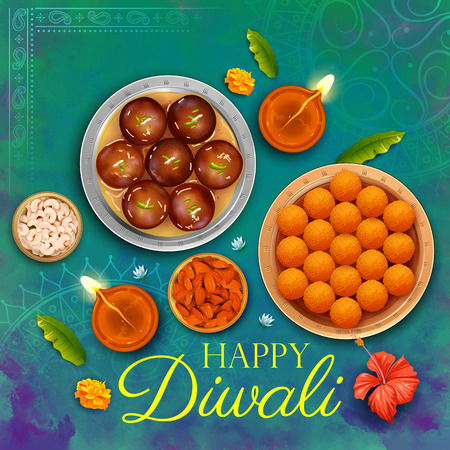Burning diya with assorted sweet and snack on Happy Diwali Holiday background for light festival of Indiaのイラスト素材