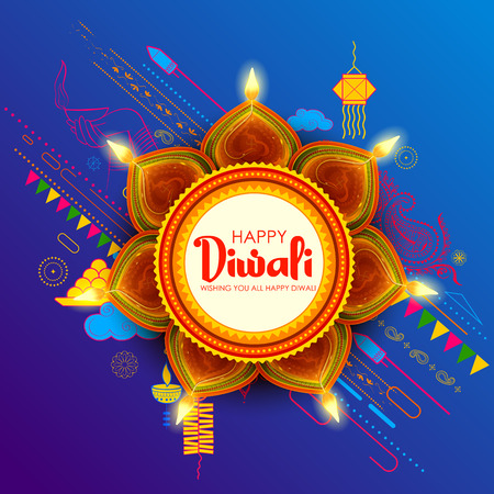 Burning diya on Happy Diwali Holiday background for light festival of Indiaのイラスト素材